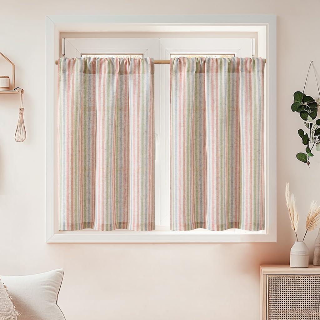 jinchan Striped Linen Kitchen Curtains 30 Inches Christmas Tier Curtains Farmhouse Modern Cafe Style Small Window Treatments Airy Light Filtering Rod Pocket for Living Room Bathroom 2 Panels Candy