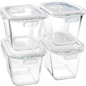 Soup Containers with Lids Glass 32 oz, 4 Cup Borosilicate Glass Food Storage Containers, Microwave & Freezer Safe Jars, Small Square Meal Prep Bowl for Salad, Fruit, Lunch, Ice Cream, Travel, 4 Pack (Transparent)