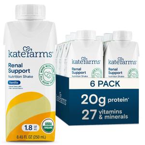 KATE FARMS 1.8 Renal Support Shake, Vanilla, 20g Protein, 6 Pack | Specialized renal nutrition shake with 20g protein for dialysis nutrition support. (EXP 09/18/26)