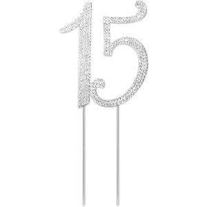 Silver Crystal 15 Cake Topper, Number 15 Birthday Cake Topper Happy 15th Birthday Cupcake Toppers Rhinestones Cupcake Toppers Decoration for Women Girls Party and Anniversary Decoration