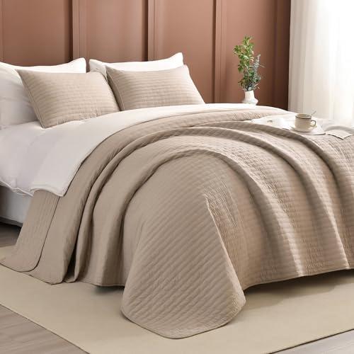 Masaca Oversized King Bedspread 128x120,Linen Colored Lightweight Quilt Set 3Pcs Soft Microfiber Extra Large King Farmhouse Quilt Coverlet Bedding Set