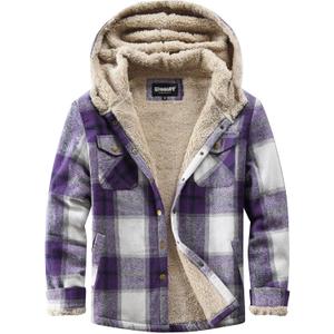 Elesuit Women's Fleece Flannel Jacket Plaid Sherpa Lined Jacket Long Sleeve Button Down Hooded Jackets for Women (Medium, Purple)