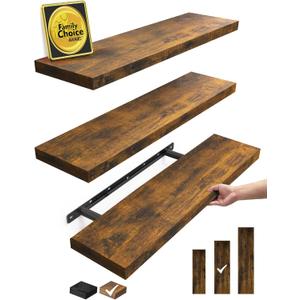 BAYKA Floating Shelves for Wall, Set of 3, 22.5 Inch Rustic Wood Wall Mounted Shelving for Bathroom, Bedroom, Living Room or Kitchen, Hanging Display Decor Book Shelf with 22 lbs, Rustic Brown