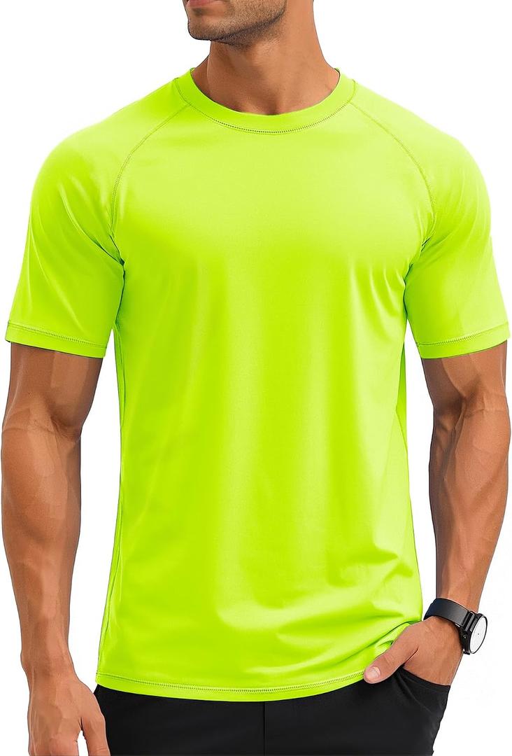 MAGCOMSEN Men's Rash Guard Swim Shirts UPF UV Short Sleeve Surf Water Shirt (Yellow, XL)