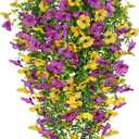 4 Pcs Artificial Hanging Flowers for Outdoors Spring Summer Faux Silk Daisy Flowers UV Resistant Fake Plants Eucalyptus Realistic for Outside Home Indoor Planter Porch Yard Decor Yellow Purple