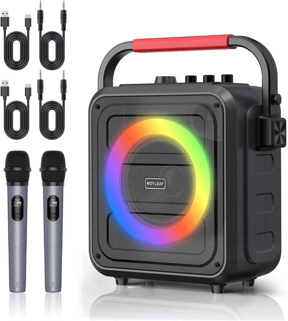 Karaoke Machine for Adults & Kids, Bluetooth Karaoke Speaker with Two Wireless Karaoke Microphones, PA System Speaker Supports TF Card/USB, AUX in, REC, Bass & Treble for Party/Meeting/Adults/Kids (Red)