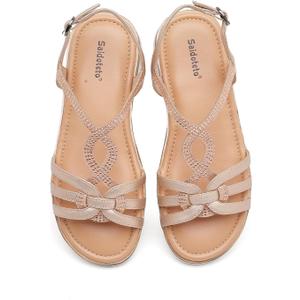 Saidoteto Women's Wide Flat Sandals,Casual Open Toe Strappy Slip-on Summer Dressy Platform Sandals with Sparkling Rhinestones