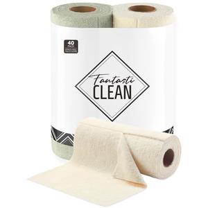 Fantasticlean Tear Away Dish Cloth - 40 Sheets - 10'' by 10'', Reusable Washable Kitchen Towel Rolls, Super Absorbent and Thick Microfiber Cleaning Cloths (2 Rolls of Beige and MossGreen)