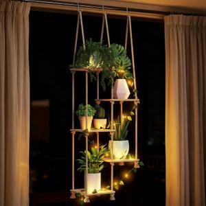 ROSSNY Plant Shelf with LED Vine Garland Strip, 5-Tier Window Plant Shelves, Hanging & Wall Mounted Plant Holder for Indoor, Boho Natural Bamboo Plant Stand for Home Dcor
