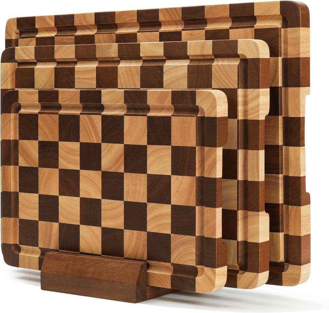 Checkered Cutting Board Set for Kitchen - 3 PCS Wood Checkerboard End Grain Chopping Board with Holder & Juice Groove, Wooden Cutting Boards for Meat, Vegetables, Fruits (S, M, L), 16"L x 12"W