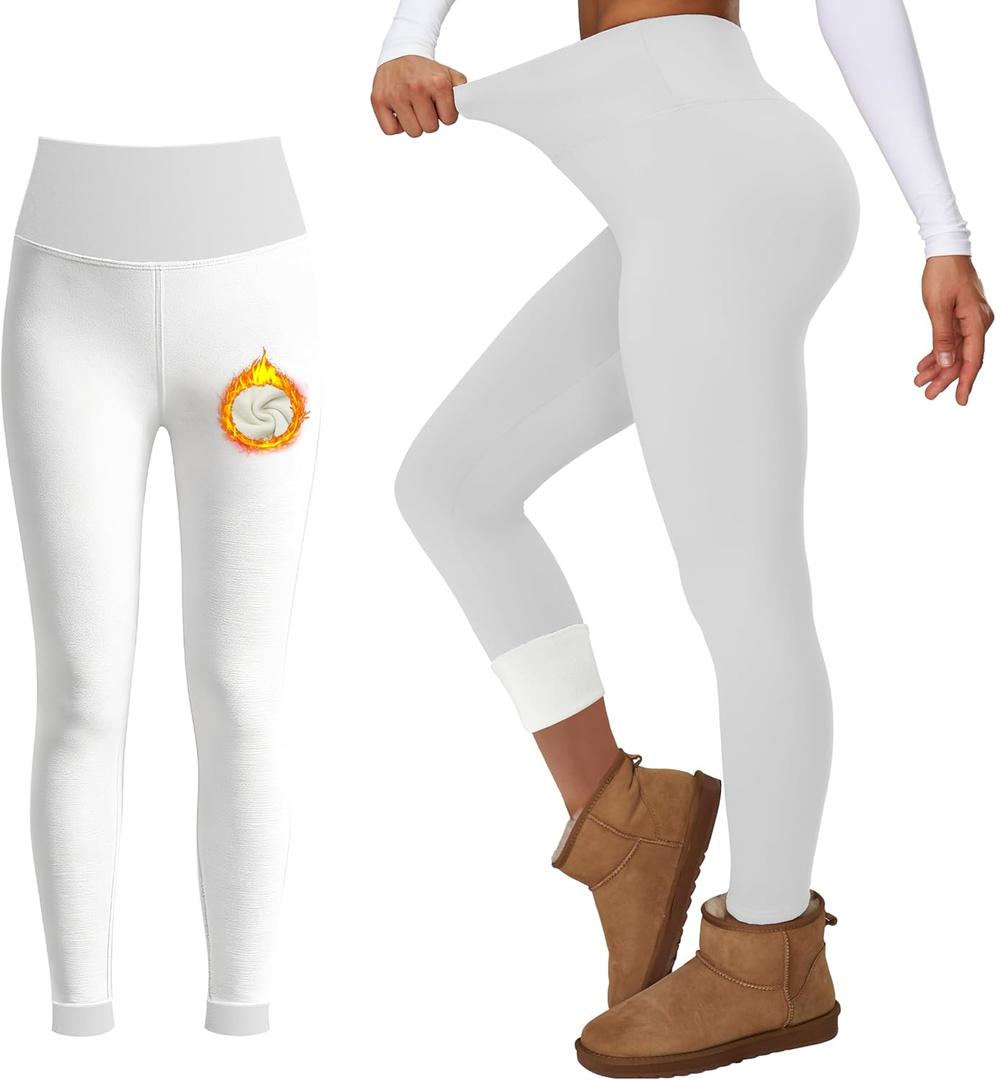 Thermal Fleece Lined Leggings for Women Warm Thick High Waisted Tummy Control Workout Soft Yoga Pants for Cold Winter (Medium, 07-white)