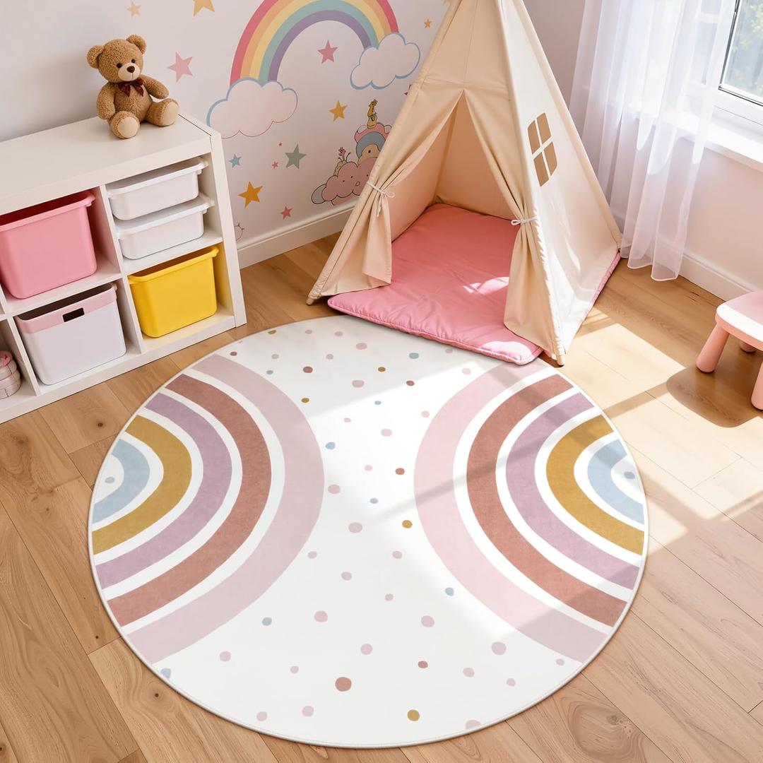 STARUIA Colorful Round Rug for Nursery, 4 Ft Rainbow Washable Rug for Playroom, Boho Kids Rug Non-Slip Soft Bedroom Carpet for Classroom Teepee Princess Castle (Morandi)