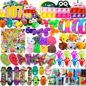 Dilycery 107 PCS Party Favors Toys, Treasure Box Toys for Classroom, Pop Fidget Toys Treasure Chest for Kids Prizes Classroom, Bulk Pinata Stuffers Goodie Bag Fillers for Kids 4-8