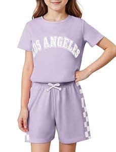Dorbee Toddler Girl Summer Outfits Plaid Print School Girl Outfit and Short Sleeve Shorts, Purple, 3-4 Years