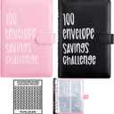 2PCS 100 Envelopes Money Saving Challenge, Envelopes Challenge Binder, Achieving Financial Goals with a Budget Binder and Cash Envelopes, Successfully Reach Your Savings Goals of $5,050 (Pink+Black)