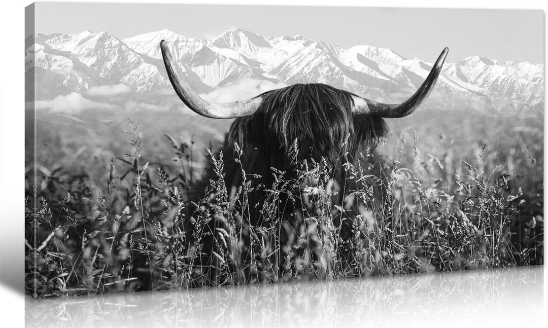 Highland Cow Wall Art - Black and White Farmhouse Decor Canvas Printed Country Cow Pictures Western Rustic Modern Artwork Decorations for Bedroom Office Living Room Framed Ready to Hang 20" x 40"