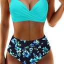 Aqua Eve Women Underwire Bikini Set - High Waisted Two Piece Swimsuit Tummy Control Bathing Suit 2025 Push Up Swimwear (Medium, Aqua and Blue Flower)