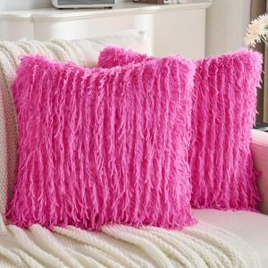 FUTEI Pack of 2 Faux Feather Plush Throw Pillow Covers 18x18 Inch Soft Fluffy Solid Farmhouse Decorative Cushion Cases Modern Luxury Accent for Couch Bed Living Room, Hot Pink