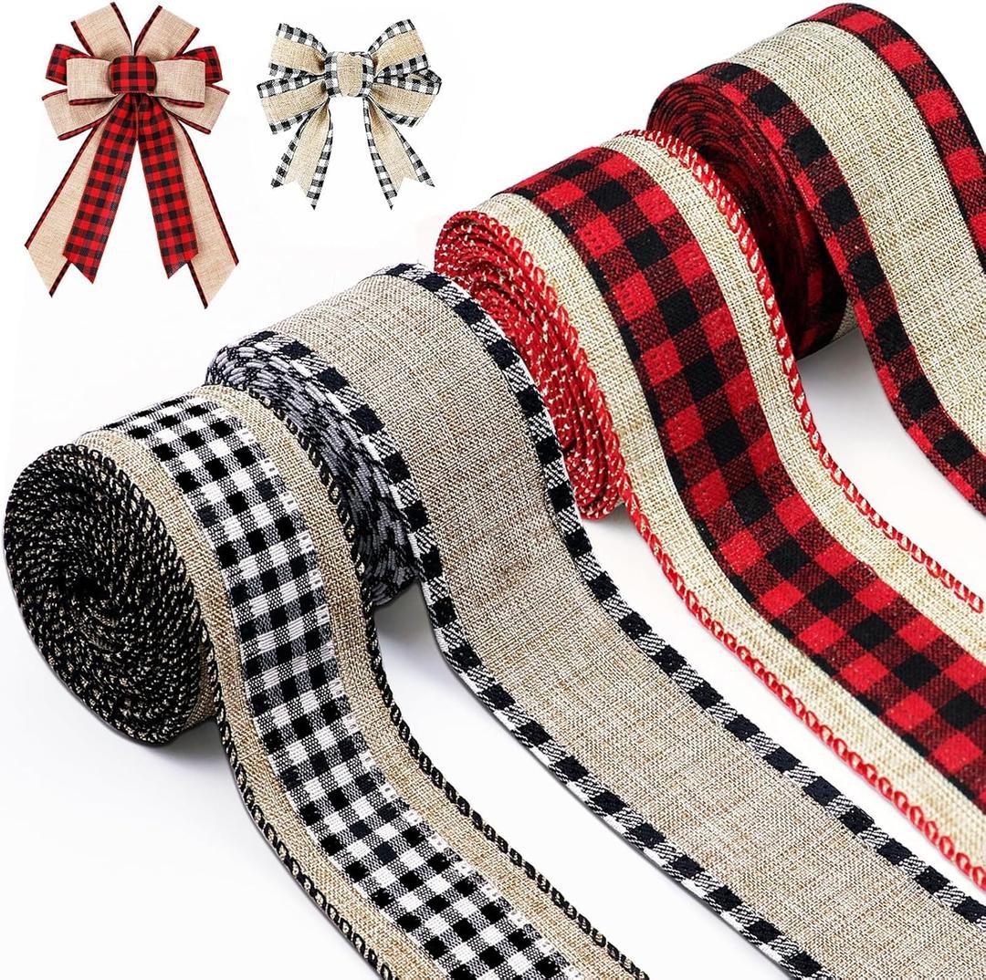 4 Rolls 12 Yards Buffalo Plaid Ribbon 1.5 Inch Wide Wired Edge Plaid Burlap Ribbon Check Gingham Fabric Craft Ribbon for Christmas Tree Gift Wrapping Crafts Decoration