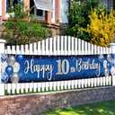 Happy 10th Birthday Decorations,10th Blue & Silver Balloon Large Birthday Hanging Banner Sign,Cheers to Ten Years Old Bday Party Supplies.