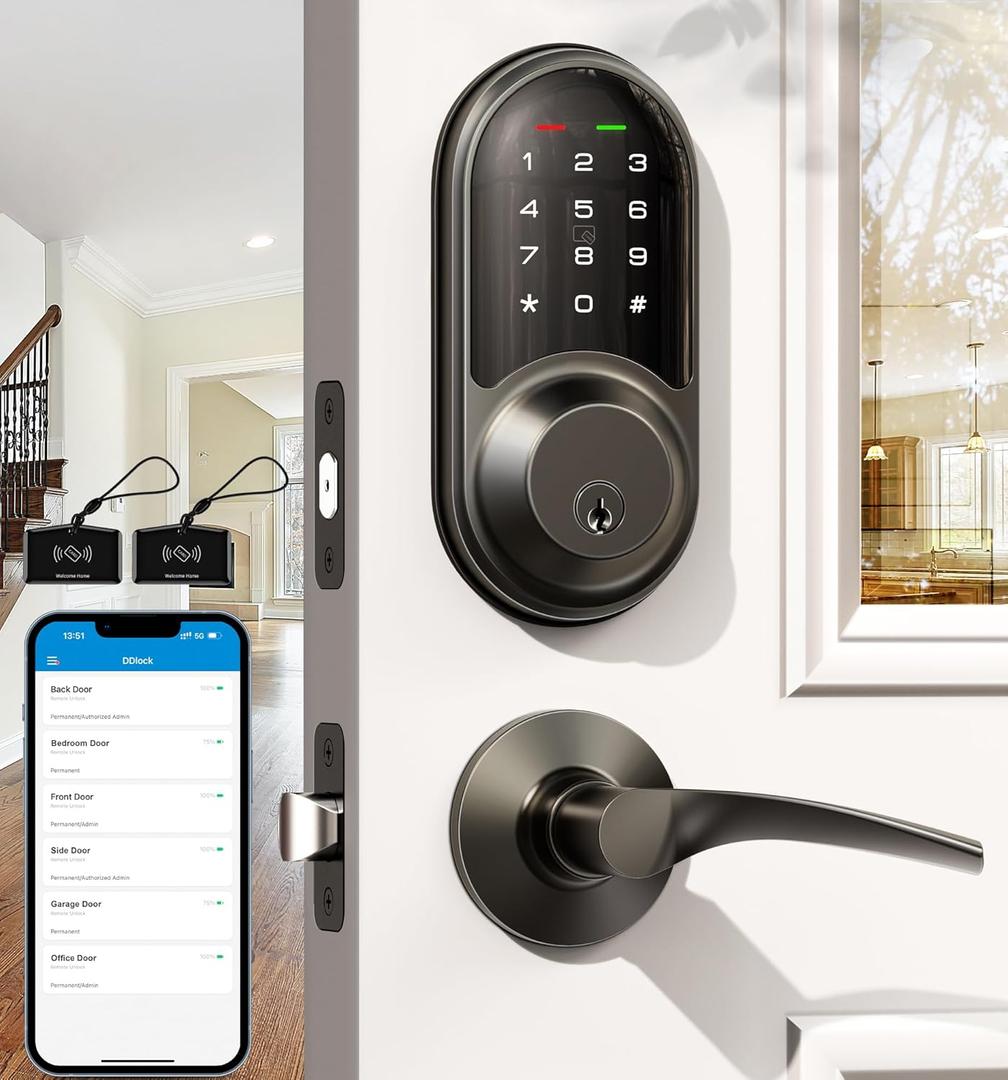 Veise RZ06B Smart Locks for Front Door, 2 Lever Handle Set, Keyless Entry Deadbolt, App Control, Electronic Digital Touchscreen Keypad, Auto Lock, IP54 Waterproof, Easy Installation, Matte Black