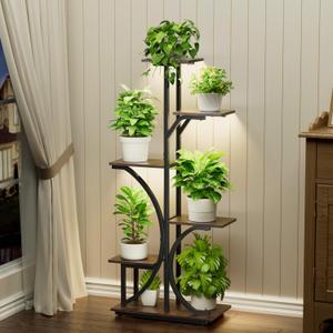Plant Stand with Grow Lights Indoor, 6 Tiered Plant Shelf, 45" Corner Display Storage Shelf, Curved Design Flower Stand for Living Room, Bedroom, Patio Decor, Black