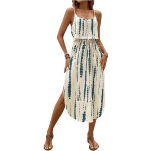 Women's Spaghetti Strap Tie Dye Cami Dress Scoop Neck Split Thigh Midi Dresses Knot Front Sun Dresses (Medium, Blue)