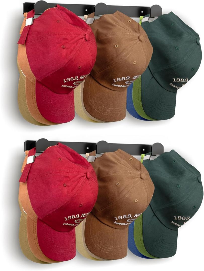 KIMBORA 2 Packs Hat Rack for Wall, Hat Organizer for Baseball Caps, 3 Mounting Options Cap Hook Hanger, Strong Snapback Holder Storage Display for Door, Room, Closet (Black)
