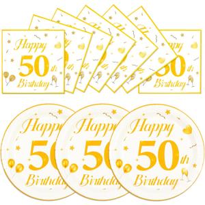 50PCS 50th Happy Birthday Plates and Napkins,7 Inch Premium Wihte and Gold Birthday Dessert Cake Plates Party and Cocktail Napkin for Men and Women Table Anniversary Decoration
