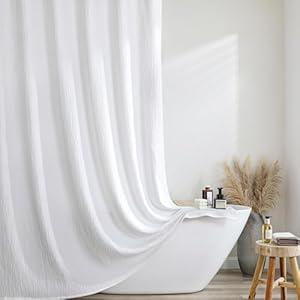 OVZME White Long Shower Curtain 84 Inch Length, Farmhouse Textured Crinkled Soft Boho Style Bathroom Shower Curtain, Premium Fabric Machine Washable Cute Bath Decor, 72Wx84L Inches