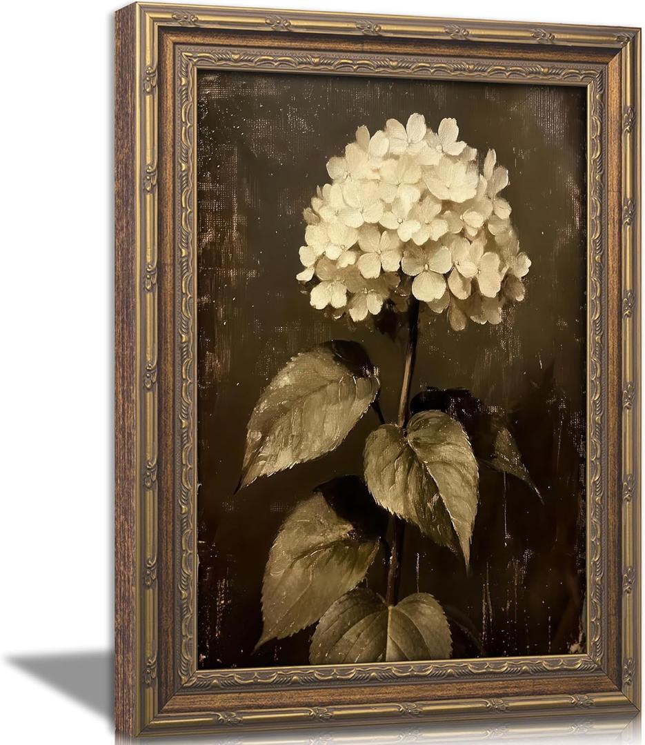 Vintage Gold Framed Floral Canvas Wall Art Retro White Hydrangea Flower Painting Picture Wall Decor Moody Botanical Flowers Poster Print Artwork for Living room Bedroom Home Decoration, 24"L x 16"W