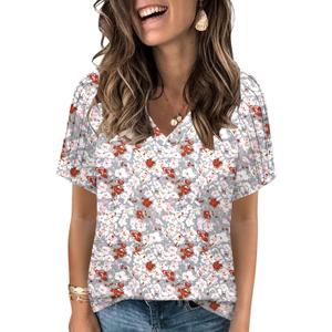 HAHIYOR Womens-Summer-Tops Casual V Neck T Shirts Trendy Pleated Short Sleeve Dressy Blouses Tunics Cute Tees S-2XL (XL)