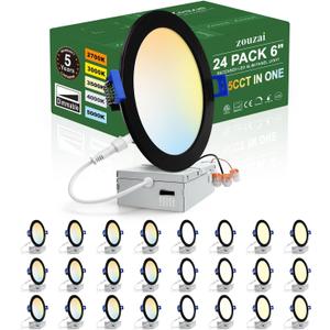 zouzai 24 Pack 6 Inch Black 5CCT Reset Ultra-Thin LED Recessed Ceiling Light with Junction Box, 2700K/3000K/3500K/4000K/5000K Selectable, 12W Eqv 110W,Dimmable- ETL and Energy Star Certified