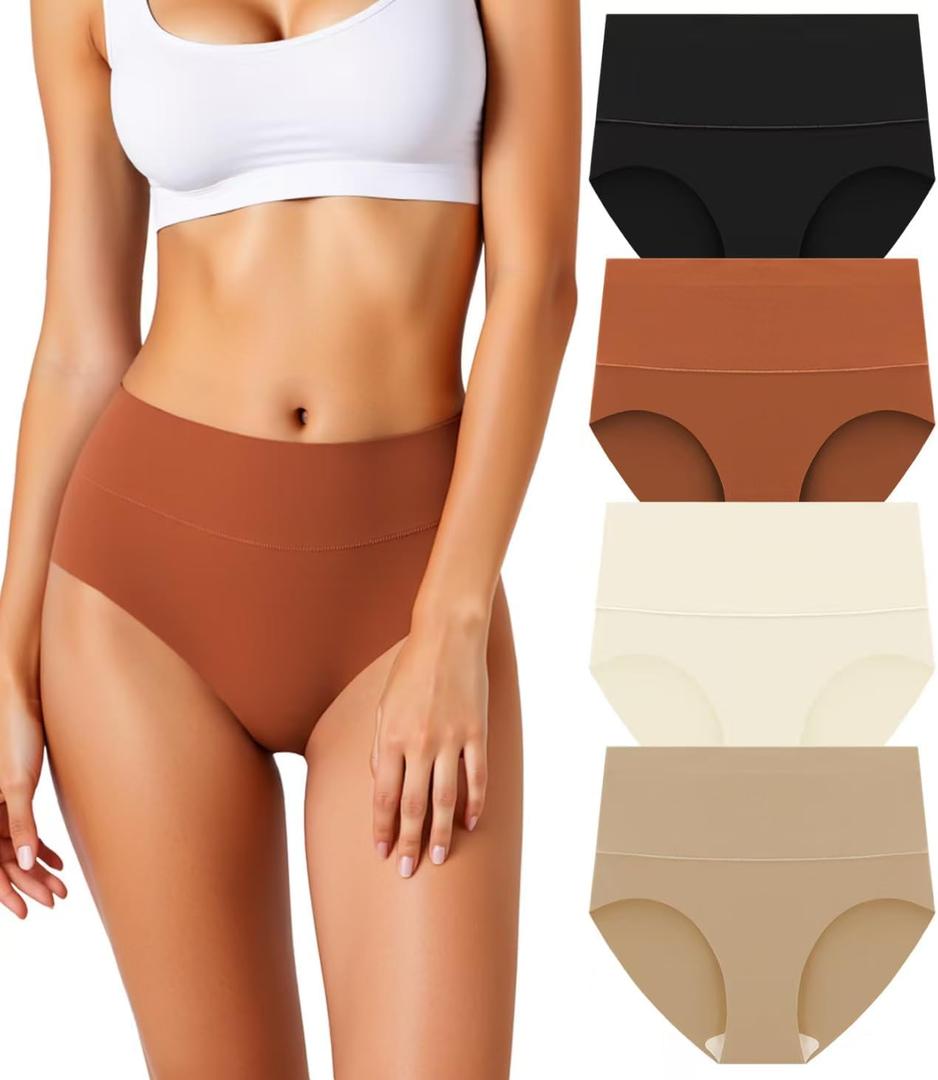 Women's Seamless Underwear High Waisted Tummy Control No Show Panties Full Coverage Stretch Briefs 4 Pack, X-Large