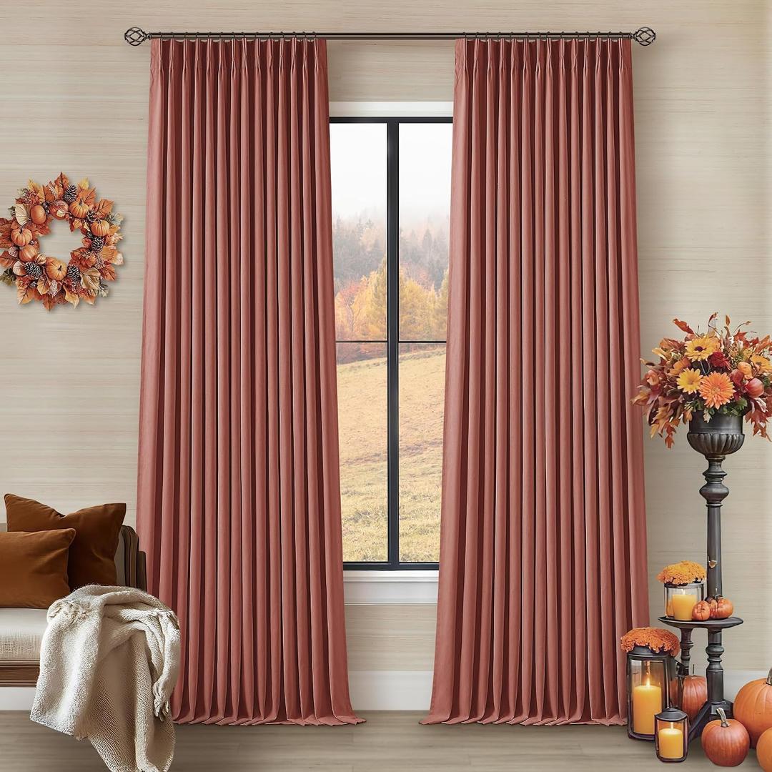 Terracotta Pleated Linen Blackout Curtains 90 Inches Long for Bedroom Living Room Pinch Pleat Black Out Thermal Insulated Ring Hooks Back Tab Room Darkening Drapes Burnt Orange Curtains with Liner
