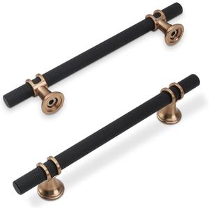 30 Pack 5 Inch Cabinet Pulls knurled Matte Black and Champagne Bronze Kitchen Cabinet Handles Aluminum and Zinc Alloy Drawer Pulls Solid Cabinet Hardware (5'' Hole Center(128mm))
