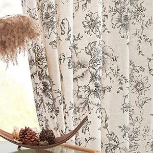 jinchan Linen Blend Curtain Floral Curtains for Living Room 102 Inch Length Black Printed Curtain Rod Pocket Back Tab Farmhouse Peony Flower Patterned Drapes Bedroom Window Curtains Set 2 Panels