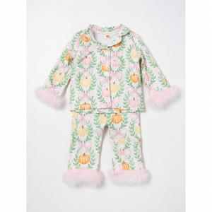 Toddler Baby Girl Fuzzy Pajamas Set Pumpink&Bow Button Down Shirt and Pants Holiday Pjs for Kids Loungewear Set, size 110