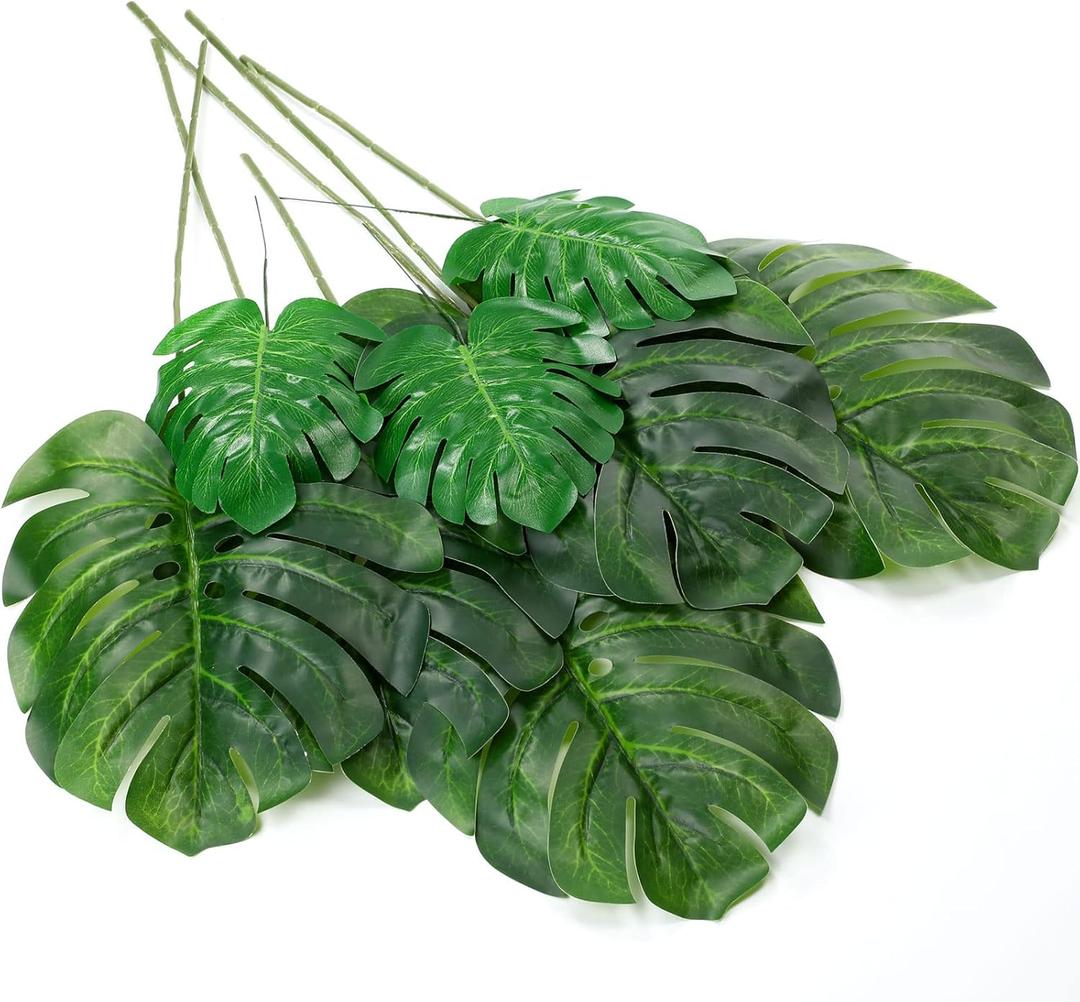 Zeyune 12 Pcs Artificial Palm Leaves with Faux Stems Fake Turtle Leaf Artificial Tropical Plants Green Large Dried Monstera Leaf UV Resistant for Table Leave Outdoor Kitchen Wedding Party Decorations