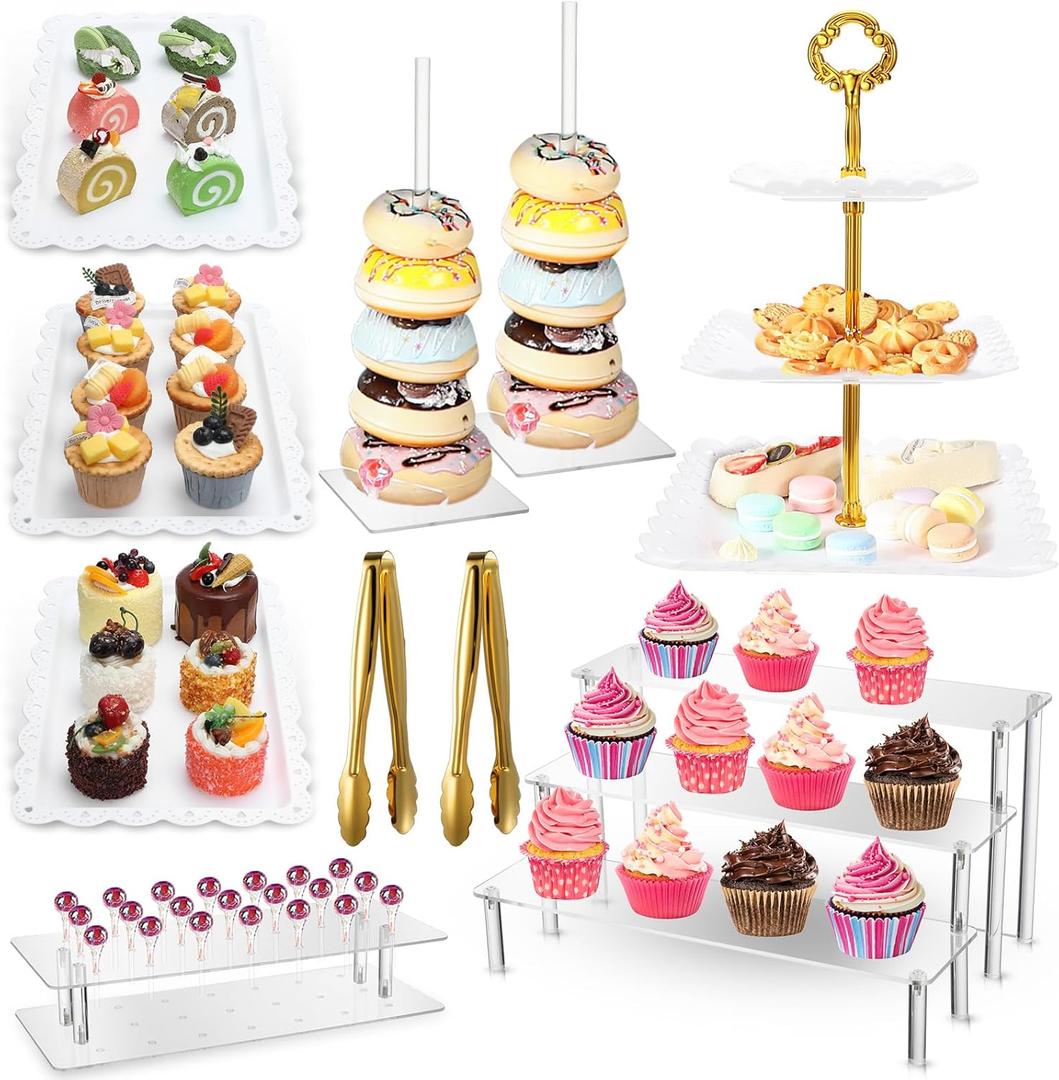 FillTouch 10 Pcs Dessert Table Display Set Including Cupcake Stand Holder Tier Tower, Serving Tray Combo, 21 Holes Lollipop Display Stand, Donut Bagel Stand, 3 Tier Large Shelf Risers, Food Clip