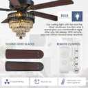 Asyko Crystal Ceiling Fan Fandelier with Lights - Modern Black Chandelier Fans with Remote ControlNoiseless AC Motor, Retro/Farmhouse Lighting, Dining Room Living Room (52"