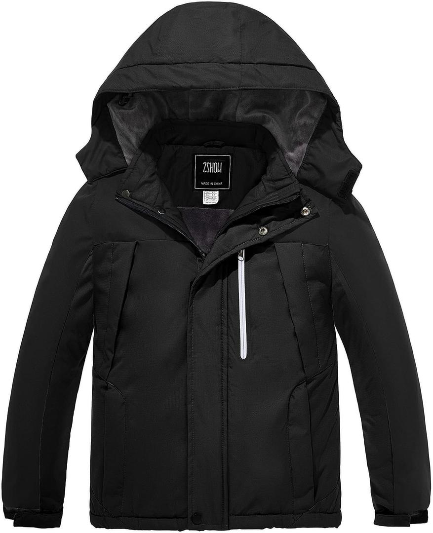 ZSHOW Boys' Ski Coat Windproof Hooded Winter Parka Waterproof Snowboarding Coat (Black,14-16)