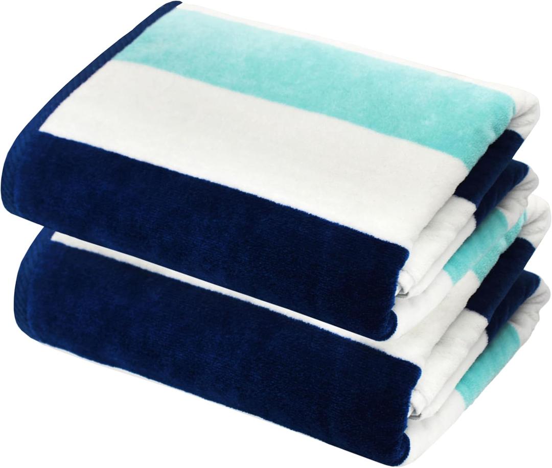 COTTON CRAFT Oversized Beach Towels - 2 Pack XXL 35x84 - The Big Kahuna 7 Foot Extra Large Beach Blanket Towel - Big & Tall - Huge 100% Cotton Velour Plush Soft Luxury Towel - Cabana Stripe Blue