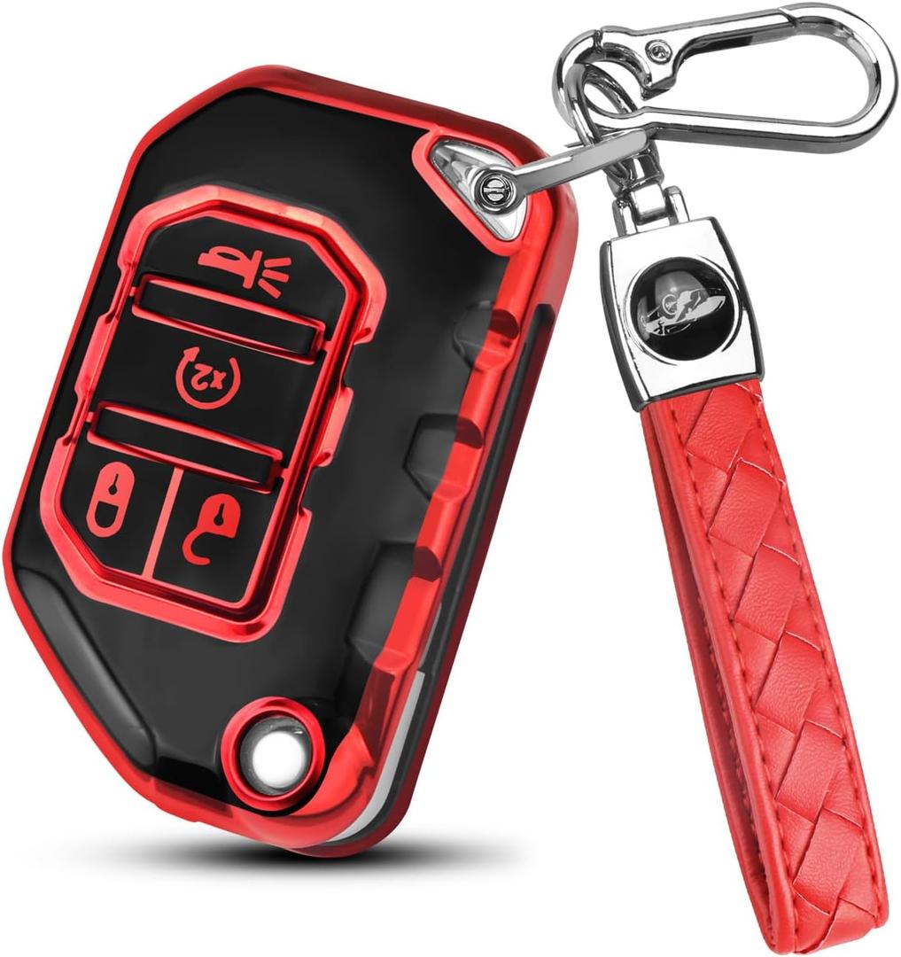 QBUC for Jeep Key Fob Cover with Keychain Compatible with Jeep Wrangler JLU JL Gladiator Rubicon JT Car Flip Key (Red)