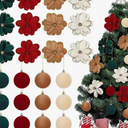 24 Pcs Velvet Christmas Ornaments Include 12 6.7'' Magnolia Poinsettia Flower with Stem 12 3.1'' Shatterproof Velvet Balls for Xmas Tree Wedding Party Decorations(Brown Beige Green Burgundy)