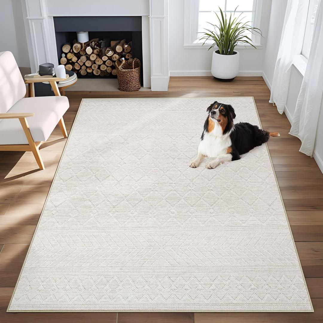 Area Rug 4x6 Geometric Rug: Washable Boho Moroccan Rugs Soft Farmhouse Rug, Modern Neutral Stain Resistant Indoor Floor Carpet for Livingroom Bedroom Dining Table Nursery(Modern Beige,4'x6')