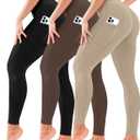 3 Pack Leggings for Women-No See-Through High Waisted Tummy Control Yoga Pants Workout Running Legging, Pocket-black/Brown/Khaki, Small-Medium
