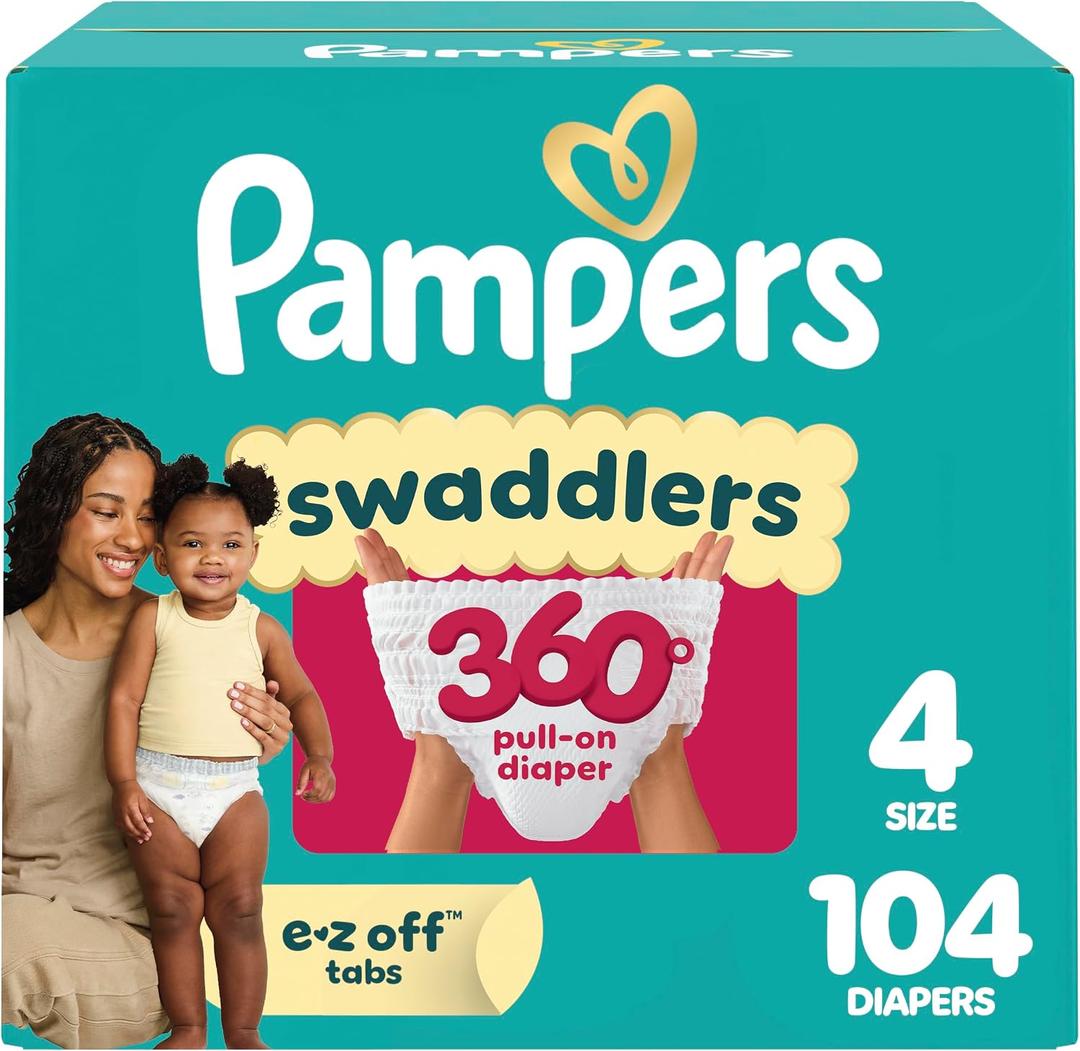 Pampers Diapers - Swaddlers 360° - Size 4, 104 Count, up to 100% Leakproof Comfy Dry Fit, Designed for Easy Changes, Pull On Baby Diaper
