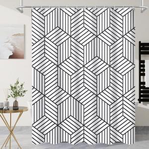 Litabel Long Shower Curtain 72 x 78, White and Black Striped Fabric Waterproof Bath Curtain, Modern Geometric Art Decor Minimalist Shower Curtain Set
