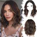 Dark Brown with Caramel Highlights Short Wavy Wig for Women Lace Hairline Bob Style Synthetic Heat Resistant - Natural Appearance for Everyday Hairstyle 14 Inch